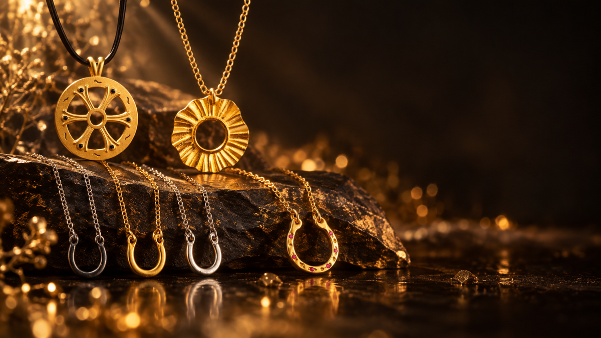 Athenart handmade Greek lucky charms and talisman necklaces in gold plated silver, sterling silver and oxidized finishes, featuring symbolic pendants and horseshoe charms in an elegant golden setting.