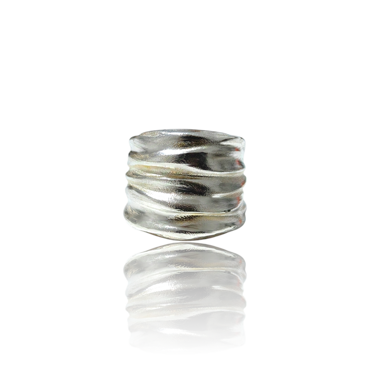 Athenais wide draped ring in sterling silver on white background