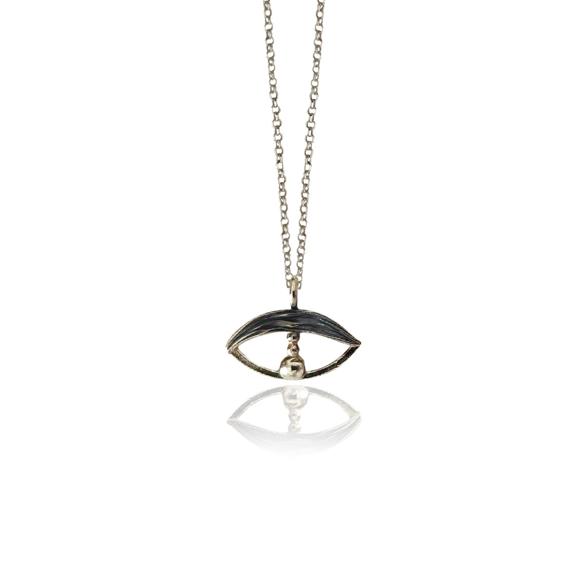 Necklace with eye-shaped pendant on a white background