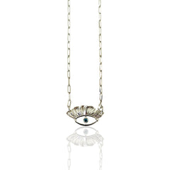 Handmade silver evil eye charm necklace by Athenart with blue stone. Available for wholesale 