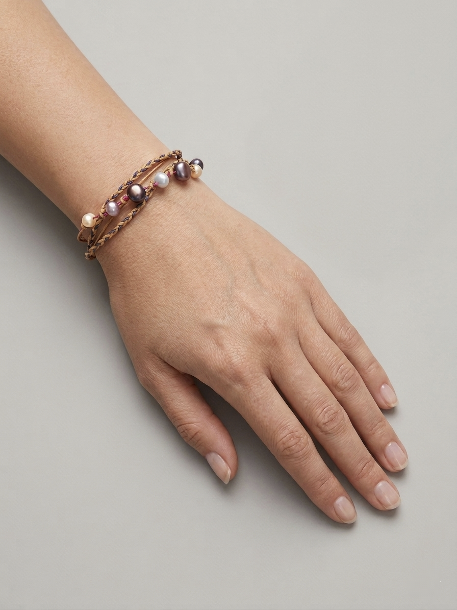Handmade pearl cord bracelet with layered wax cords worn on wrist