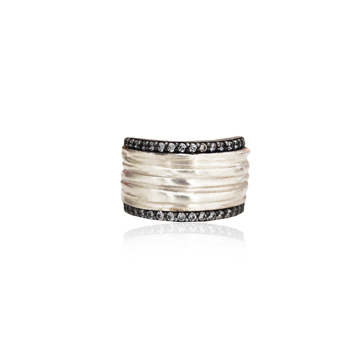 Athenais Hemera Ring in pure silver finish, wide folds with black zircon borders, handmade Greek jewelry