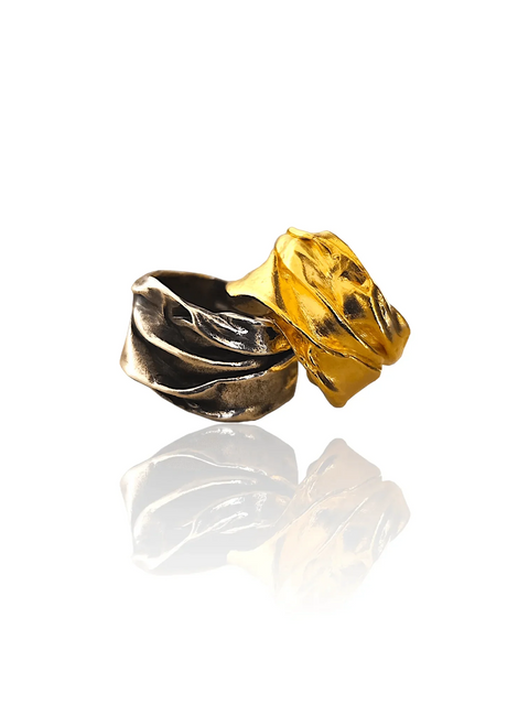 Athenais Origin Ring by Athenart in silver, gold plated, and oxidized finishes. Handmade adjustable Greek jewelry with sculptural folds.