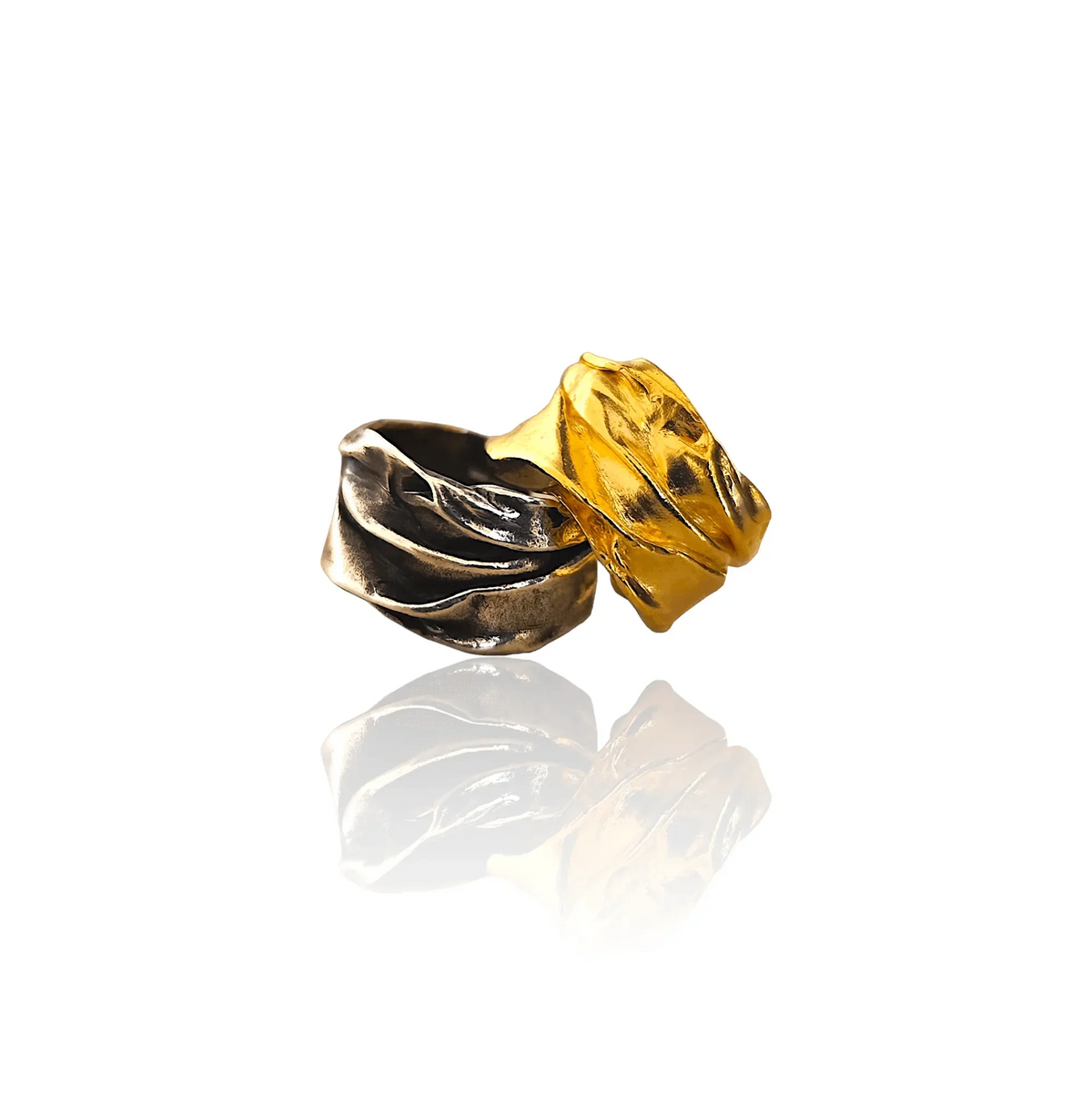 Athenais Origin Ring by Athenart in silver, gold plated, and oxidized finishes. Handmade adjustable Greek jewelry with sculptural folds.