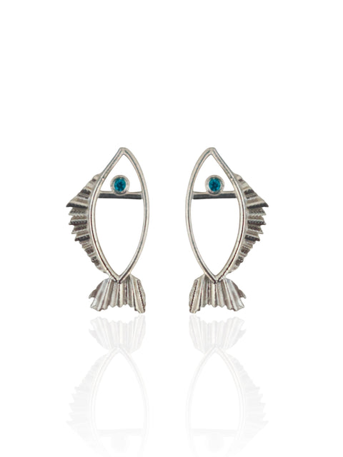 Galene Fish Stud Earrings by Athenart, tiny silver fish studs with light blue zircon