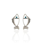 Galene Fish Stud Earrings by Athenart, tiny silver fish studs with light blue zircon