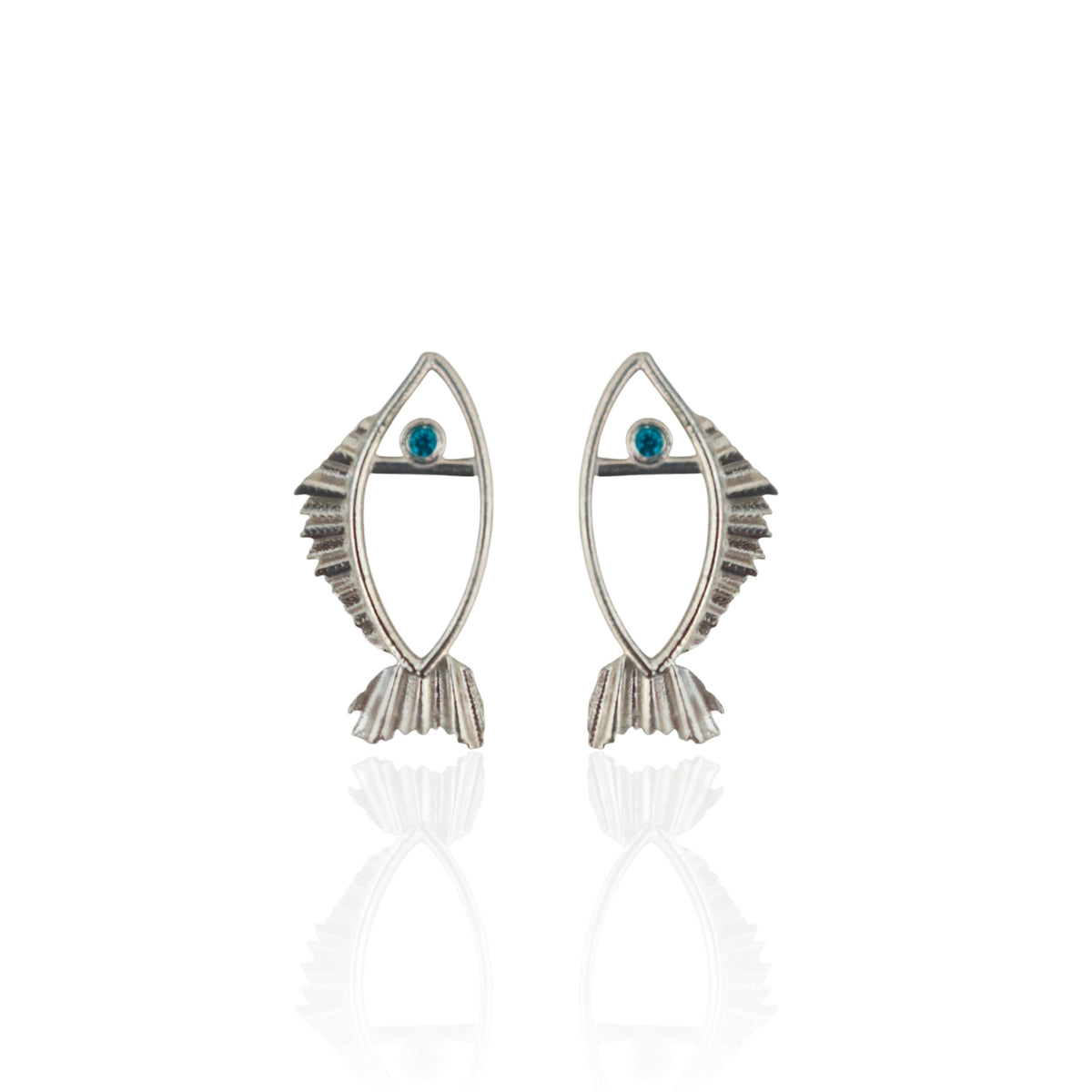 Galene Fish Stud Earrings by Athenart, tiny silver fish studs with light blue zircon