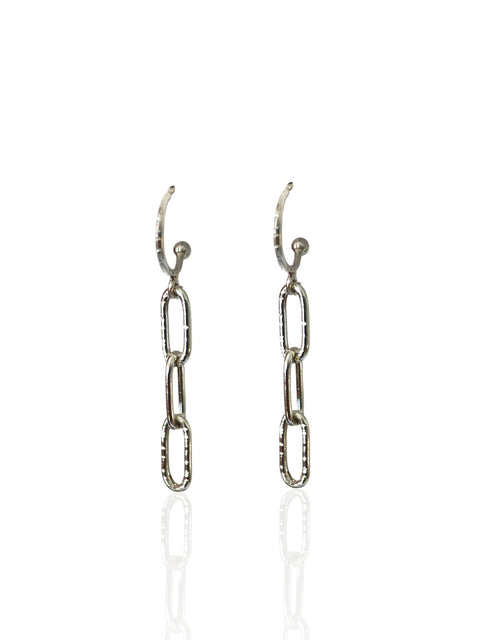 Pair of silver chain link earrings on a white background