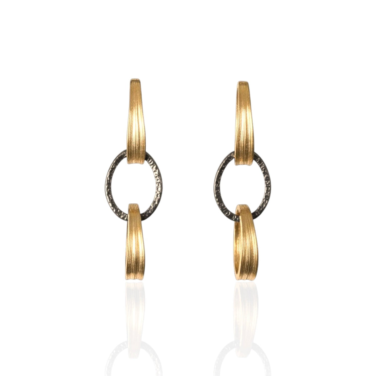 Two-tone geometric drop earrings on white background, Orbit Link Earrings front view