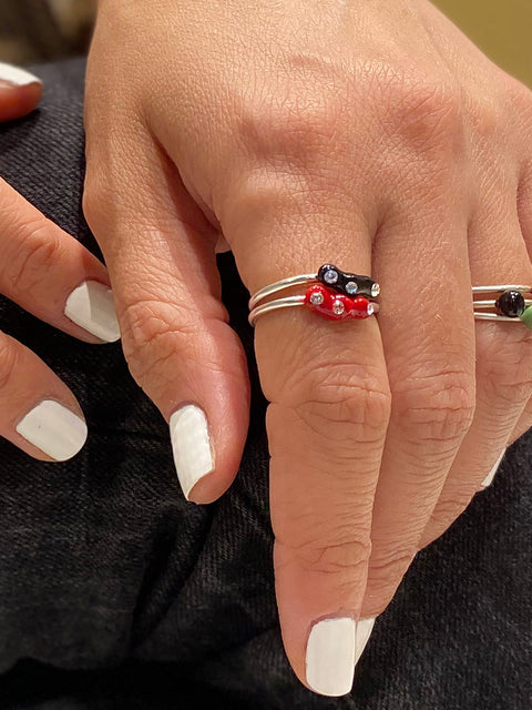 Playful handmade Greek jewelry enamel rings in bright summer colors