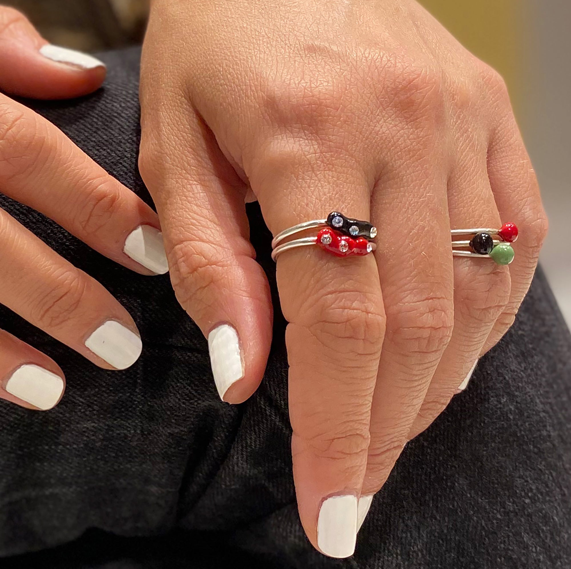 Playful handmade Greek jewelry enamel rings in bright summer colors
