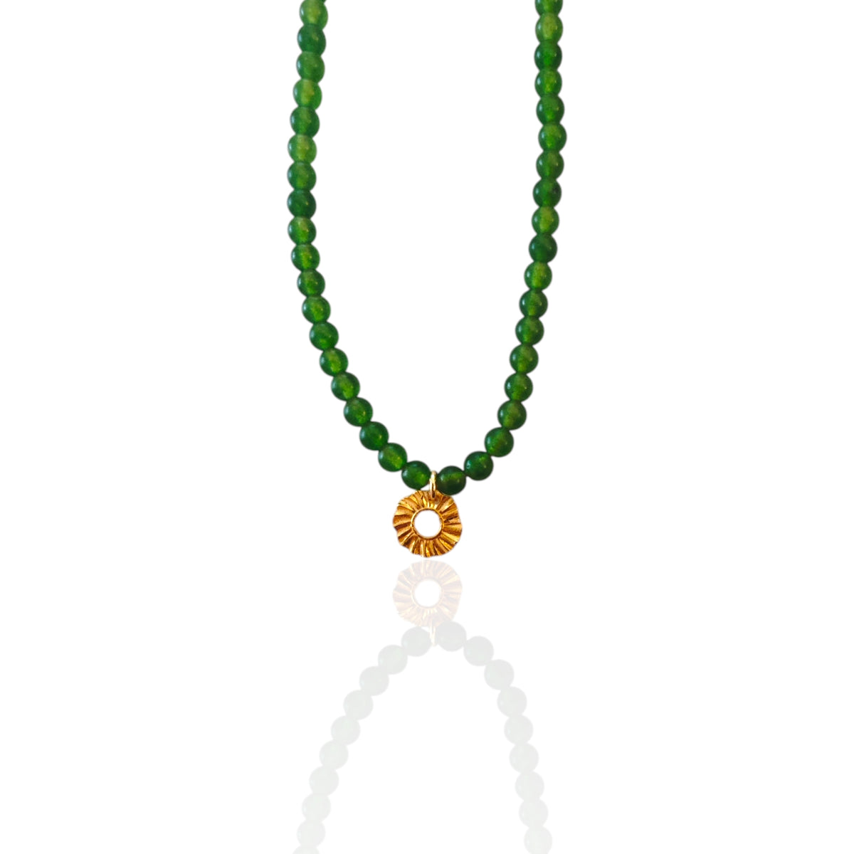 Green jade beaded necklace with Helios charm pendant on white background
