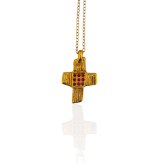 Gold cross pendant with red stones and gold chain 