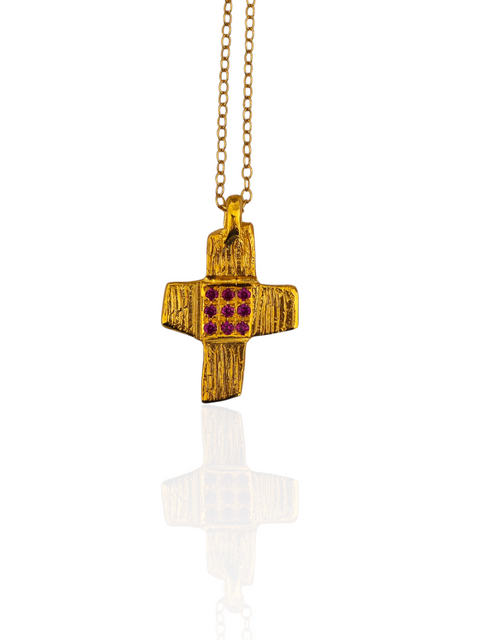 Gold cross pendant with red stones and gold chain 