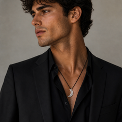 Handmade moon pendant necklace on black cord worn by male model in formal dressing 
