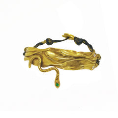 Guardian Serpent silver bracelet with green zircon and black cord handmade in Athens