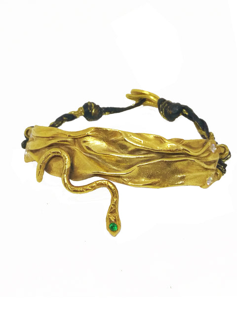 Guardian Serpent silver bracelet with green zircon and black cord handmade in Athens