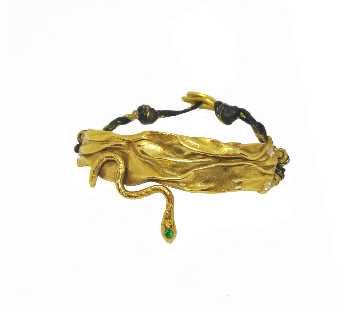 Guardian Serpent silver bracelet with green zircon and black cord handmade in Athens