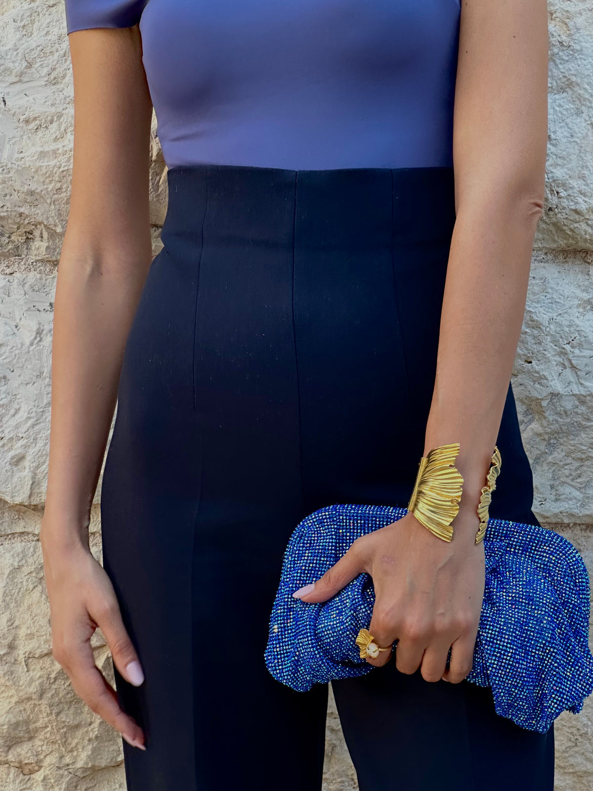 Silver Fustanela statement cuff bracelet worn on wrist