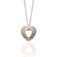 Phos Heart necklace in sterling silver on white background, 3 cm open heart pendant.