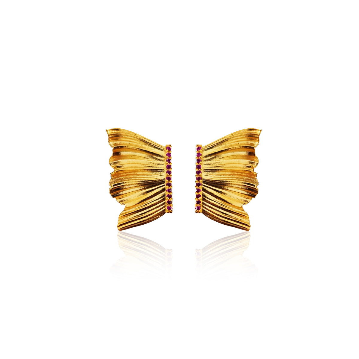 Half Butterfly stud earrings with red zircons in gold plated finish on white background