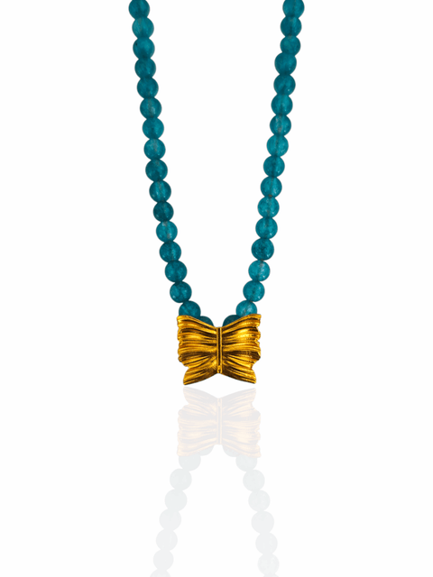 Chrysalis butterfly necklace with green jade beads in silver