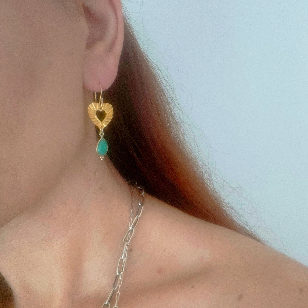 Open heart drop earrings with engraved rays and chrysoprase stones