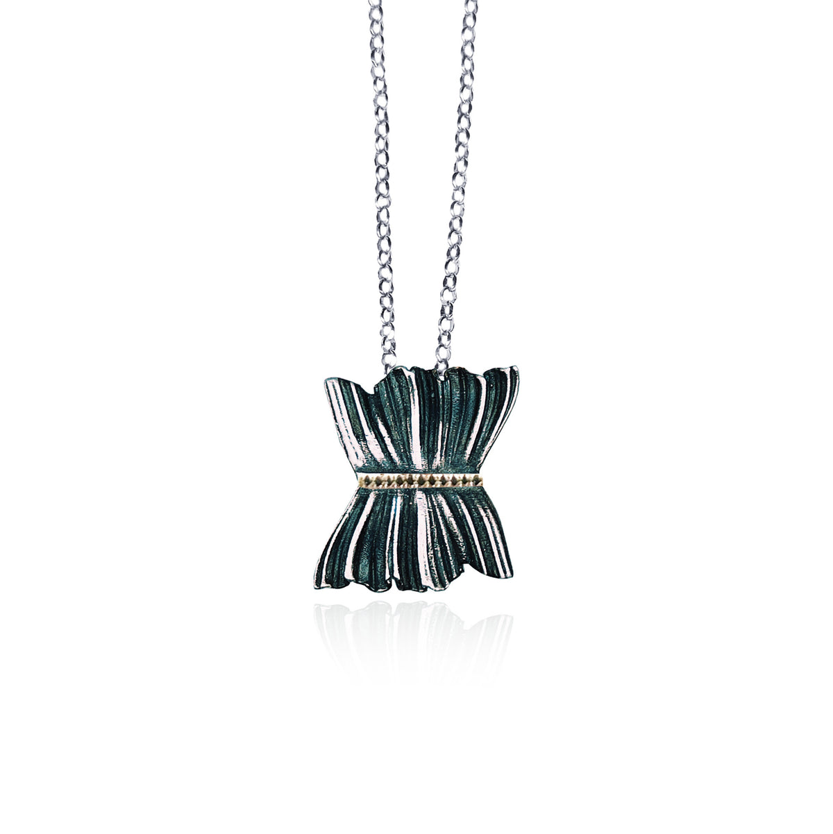 Necklace with a black and silver pendant on a white background