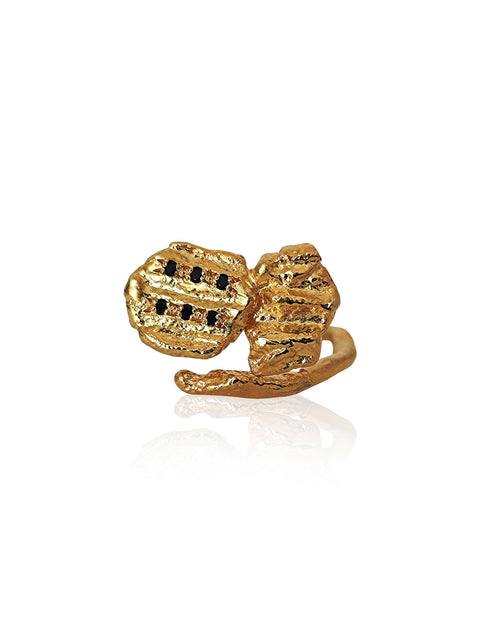 Double nugget ring with black zircons in gold plated finish