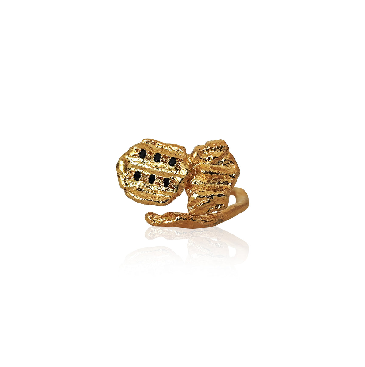 Double nugget ring with black zircons in gold plated finish