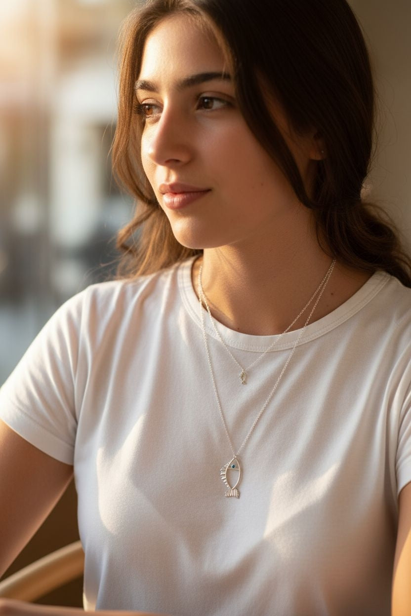 Galene fish necklace layered on model in silver with light blue zircon