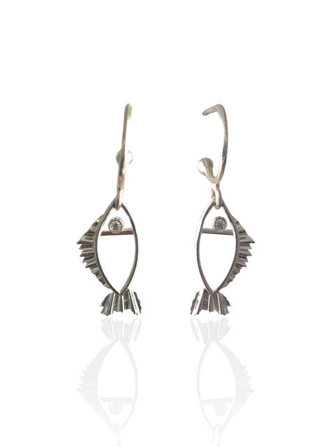 Galene fish hoop earrings handmade in silver with zircon