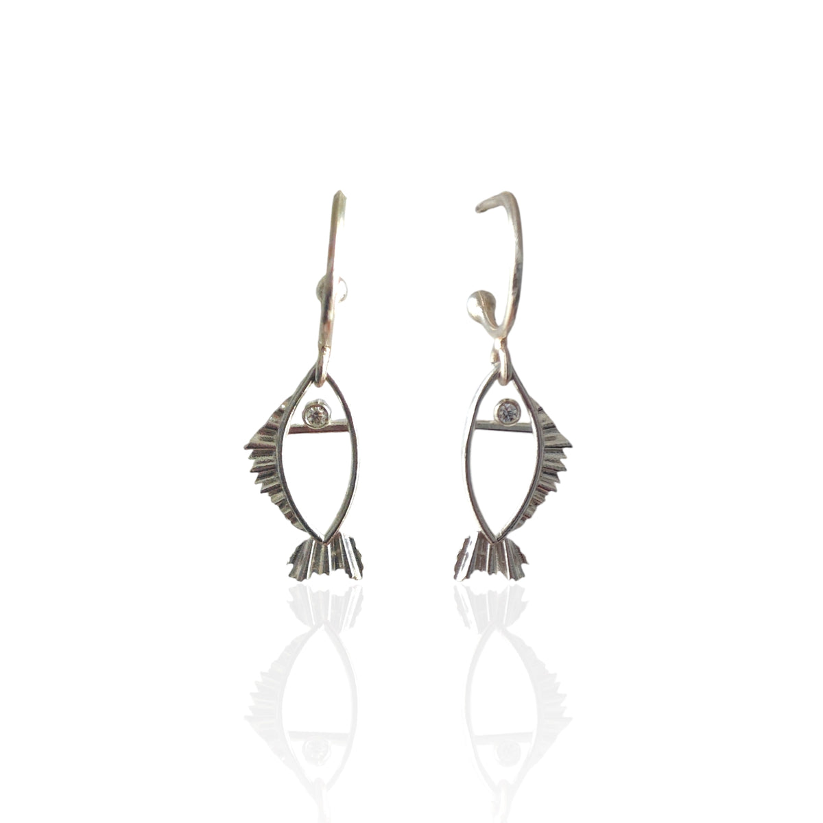 Galene fish hoop earrings handmade in silver with zircon