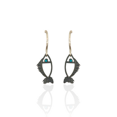 Black fish-shaped earrings with blue  evil eye, made in Greece by Athenart 