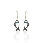 Black fish-shaped earrings with blue  evil eye, made in Greece by Athenart 