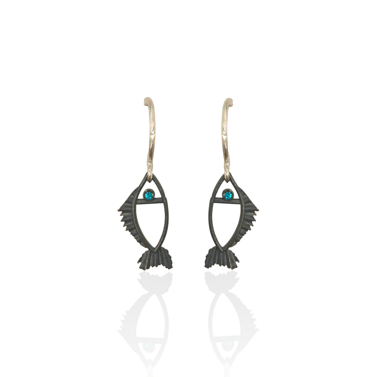 Black fish-shaped earrings with blue  evil eye, made in Greece by Athenart 