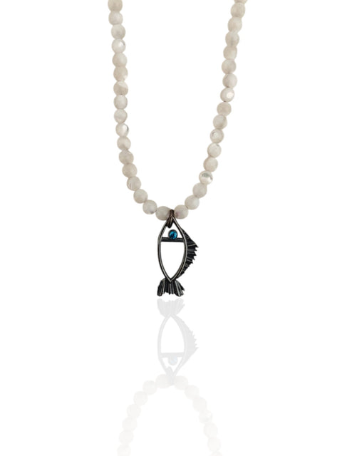 Necklace with a fish-shaped pendant made of silver with blue eye, talisman