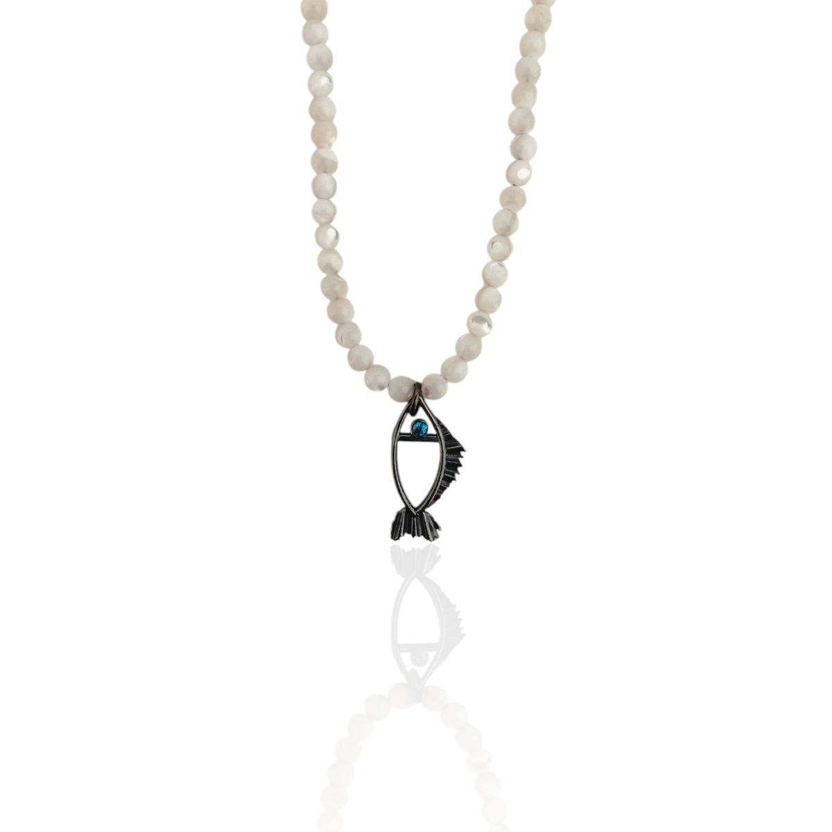 Necklace with a fish-shaped pendant made of silver with blue eye, talisman