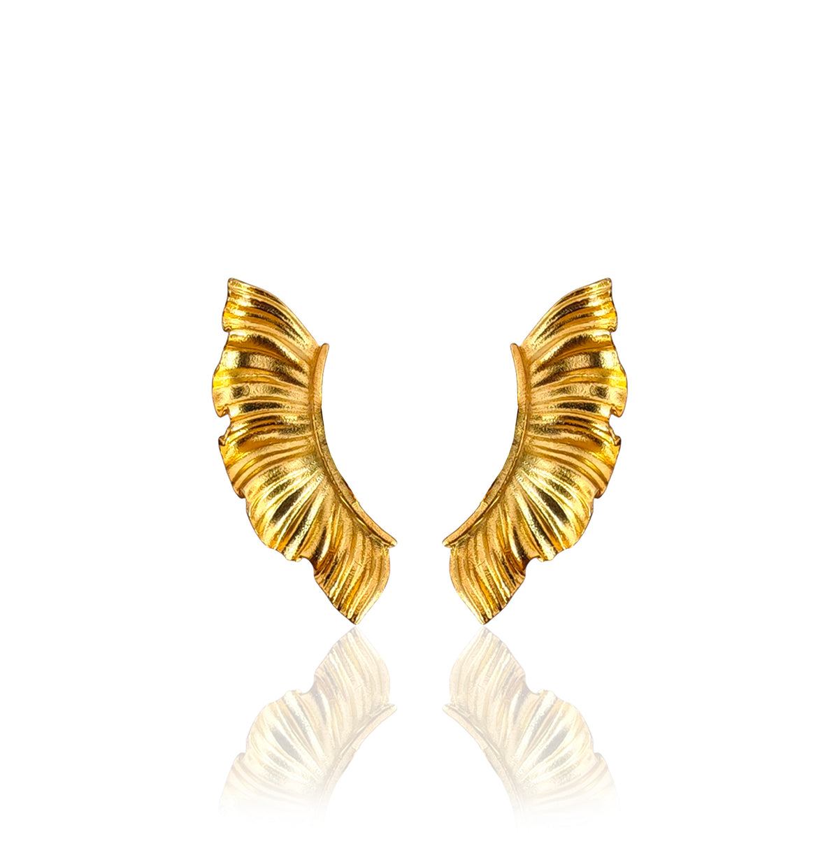 Aether wing ear climber earrings in gold plated sterling silver on white background