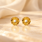 Tiny Helios Pearl Stud Earrings in solid 14K gold with freshwater pearl center by Athenart