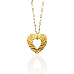 Phos Heart necklace in silver gold-plated finish on white background, 3 cm open heart pendant.