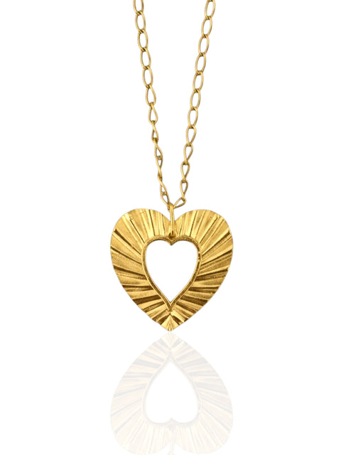 Phos Heart necklace in silver gold-plated finish on white background, 3 cm open heart pendant.