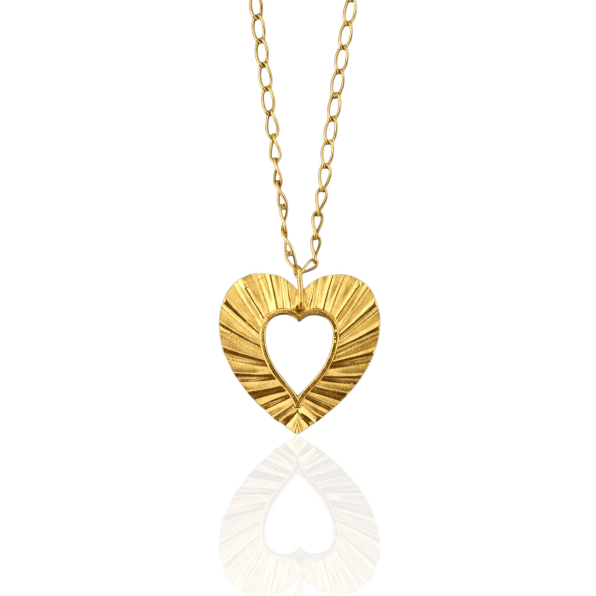 Phos Heart necklace in silver gold-plated finish on white background, 3 cm open heart pendant.