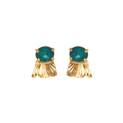 Gold earrings with Chrysocolla gemstones on a white background
