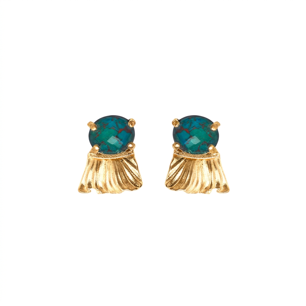 Gold earrings with Chrysocolla gemstones on a white background
