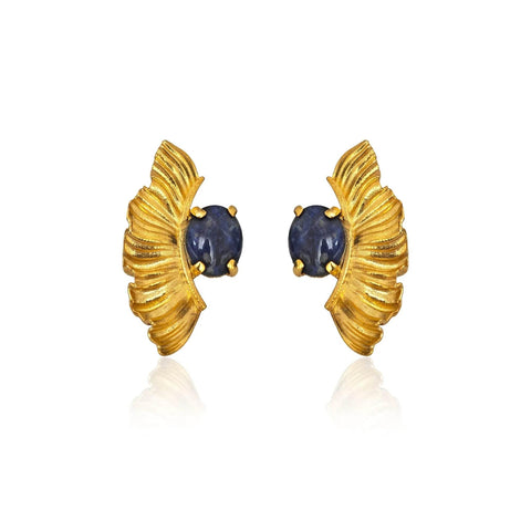Gold earrings with blue sodalite  gemstones , statement Greek earrings 