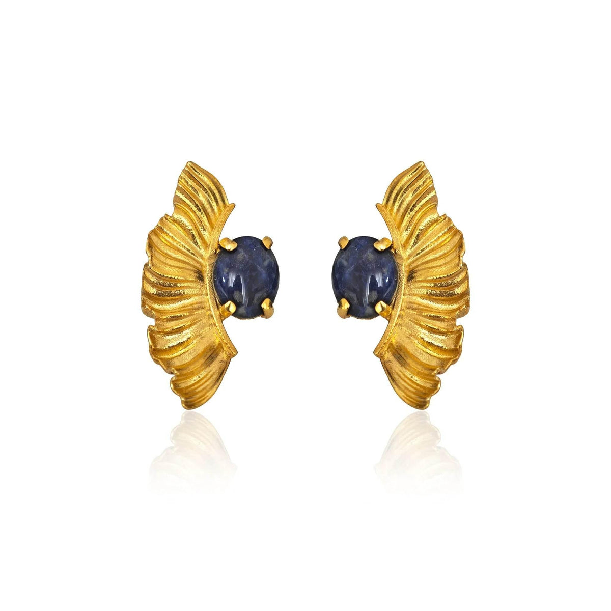 Gold earrings with blue sodalite  gemstones , statement Greek earrings 