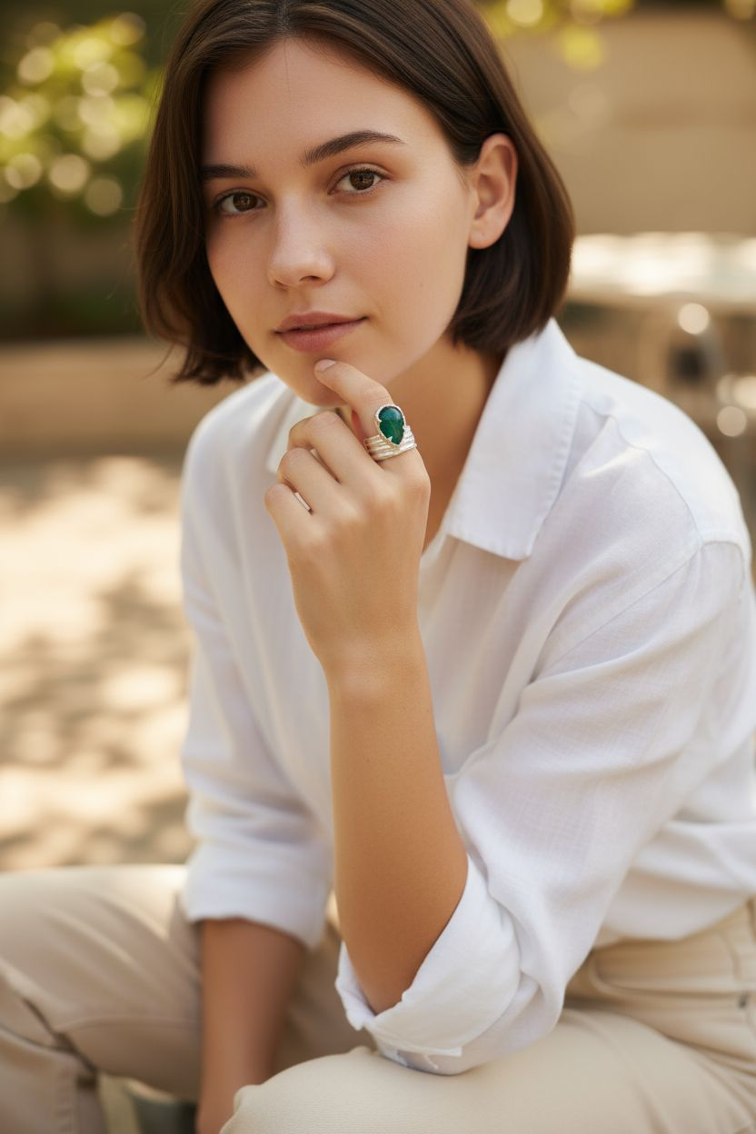 Athenart sculptural ring with teardrop green aventurine and organic textured band