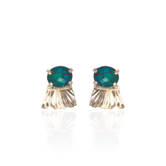 Pair of earrings with green gemstones and gold fringe on a white background