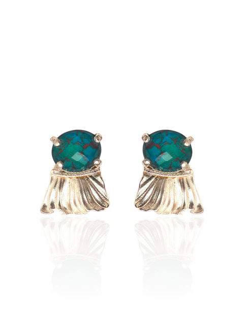 Pair of earrings with green gemstones and gold fringe on a white background
